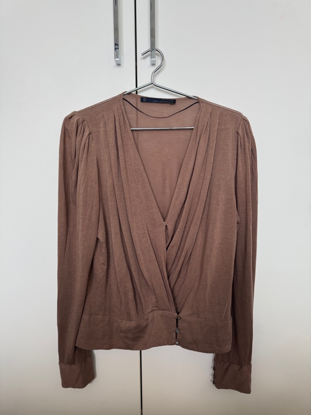 Zara Mauve-Brown Draped V-Neck Blouse